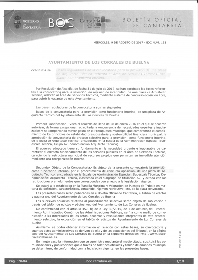 Convocatoria para la provisión de una plaza de Arquitecto Técnico para el Ayuntamiento de Los Corrales de Buelna
